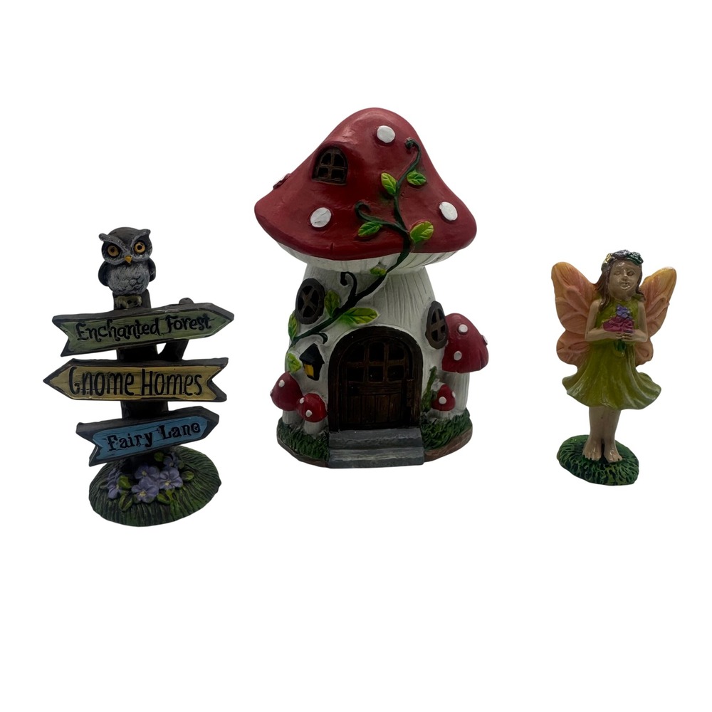 Fairy Garden Miniature Set Mushroom House Fairy Figurine Owl Signpost 3pc Decor